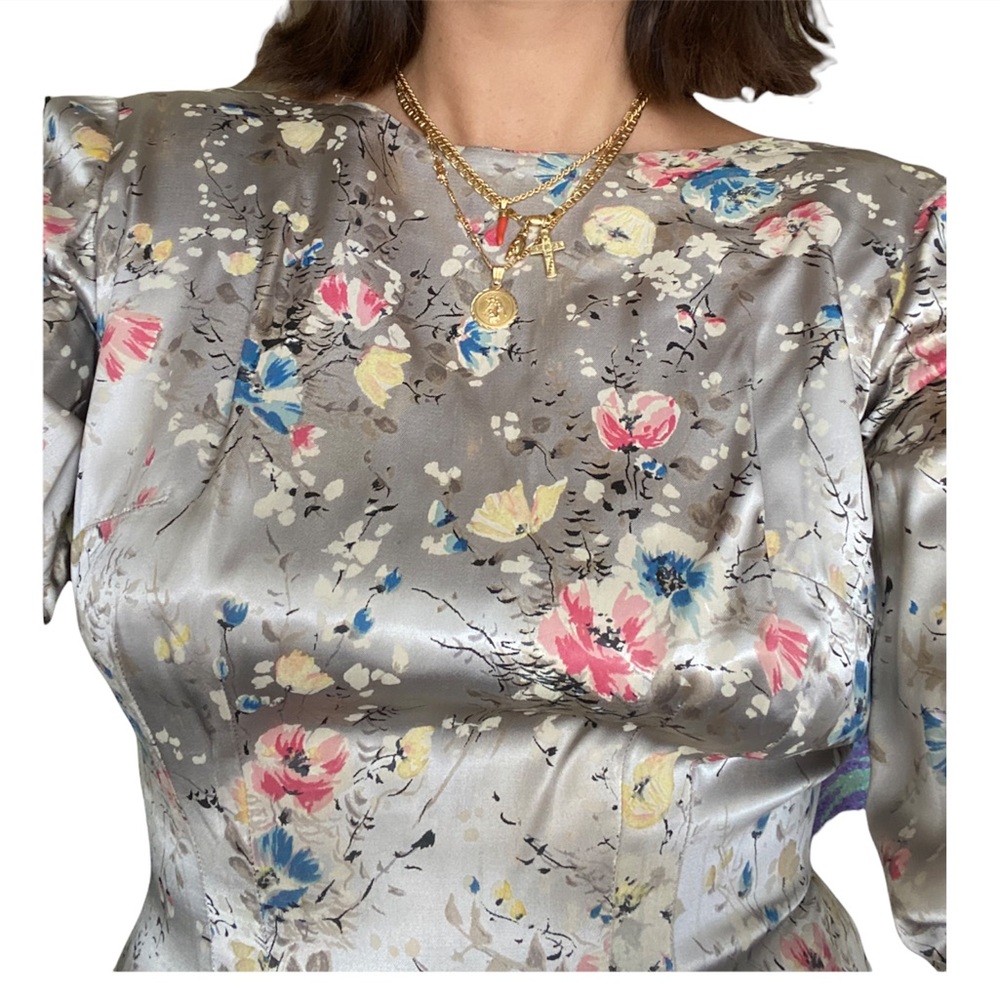 Vintage 1960s Silk Satin Dress Sheath Devoré Floral Medium - Picture 4 of 8